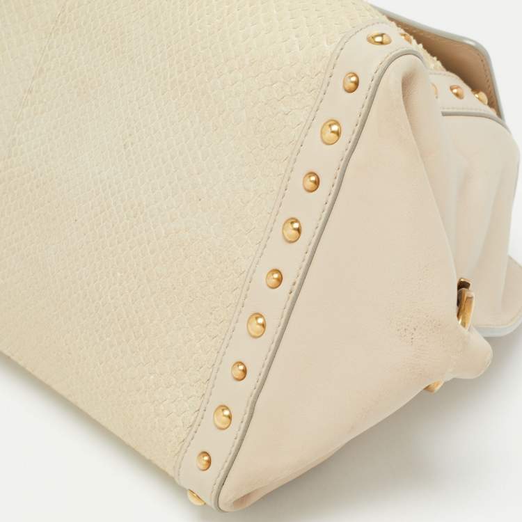 مملوكة مسبقًا Salvatore Ferragamo Cream/Beige Watersnake and Leather Studded Sofia Top Handle Bag