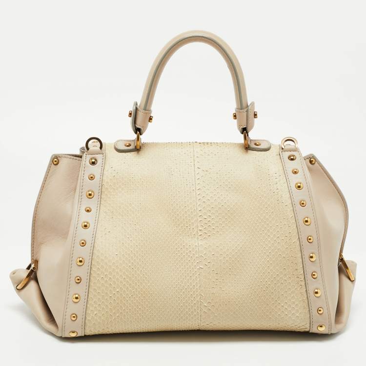 مملوكة مسبقًا Salvatore Ferragamo Cream/Beige Watersnake and Leather Studded Sofia Top Handle Bag