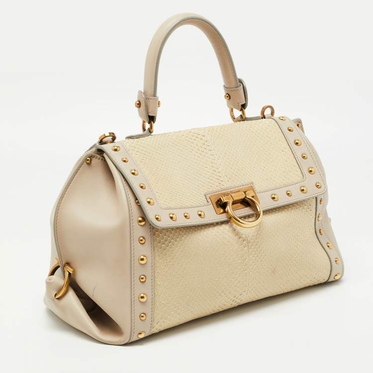 مملوكة مسبقًا Salvatore Ferragamo Cream/Beige Watersnake and Leather Studded Sofia Top Handle Bag