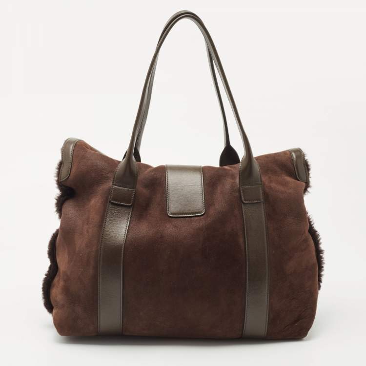 مملوكة مسبقًا Salvatore Ferragamo Dark Brown Shimmer Nubuck and Leather Gancio Flap Tote