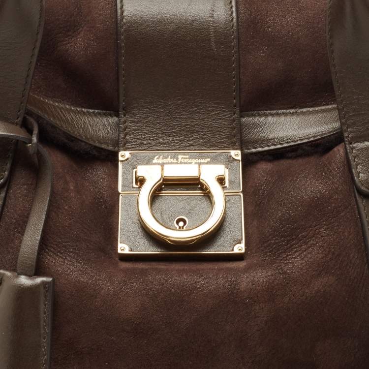 مملوكة مسبقًا Salvatore Ferragamo Dark Brown Shimmer Nubuck and Leather Gancio Flap Tote