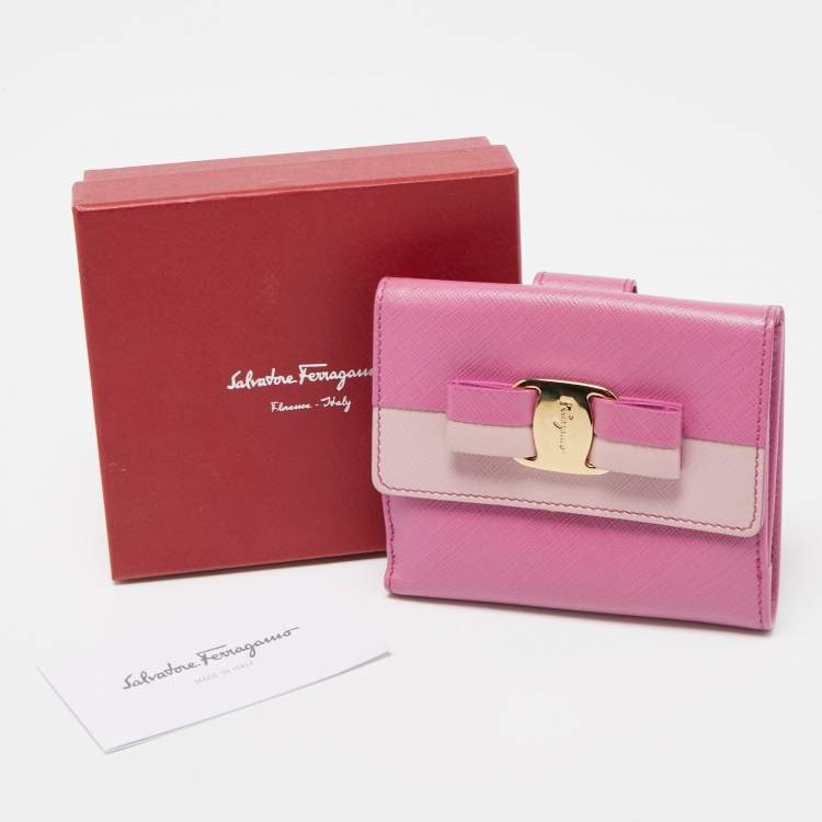 Pre Owned Salvatore Ferragamo Two Tone Pink Leather Vara Bow French Wallet
