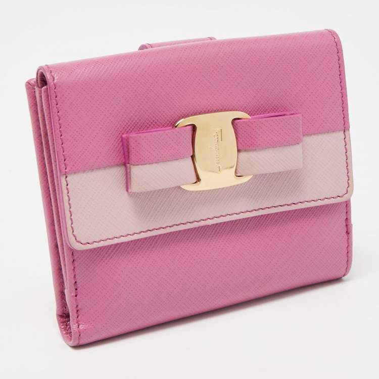 Pre Owned Salvatore Ferragamo Two Tone Pink Leather Vara Bow French Wallet
