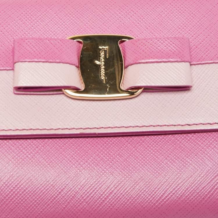 Pre Owned Salvatore Ferragamo Two Tone Pink Leather Vara Bow French Wallet