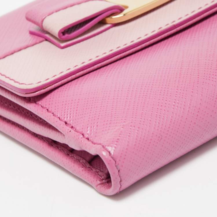 Pre Owned Salvatore Ferragamo Two Tone Pink Leather Vara Bow French Wallet