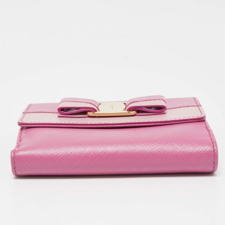 Pre Owned Salvatore Ferragamo Two Tone Pink Leather Vara Bow French Wallet