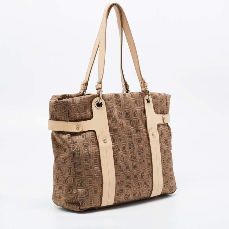 Pre Owned Salvatore Ferragamo Brown/Beige Jacquard Fabric and Leather Tote