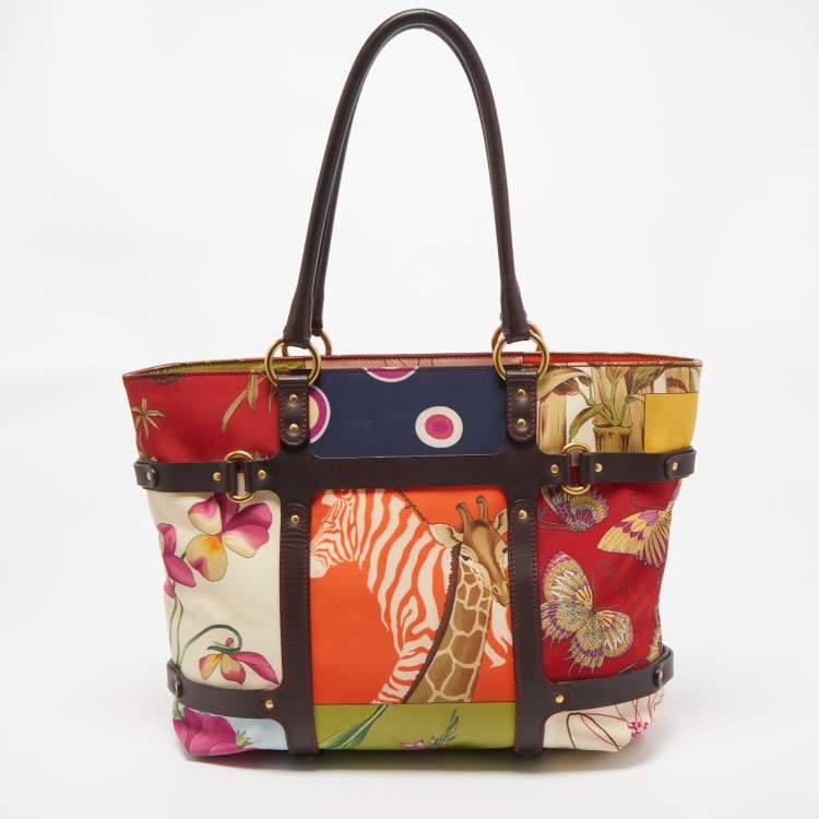 Pre Owned Salvatore Ferragamo Multicolor Fiera Print Nylon and Leather Tote