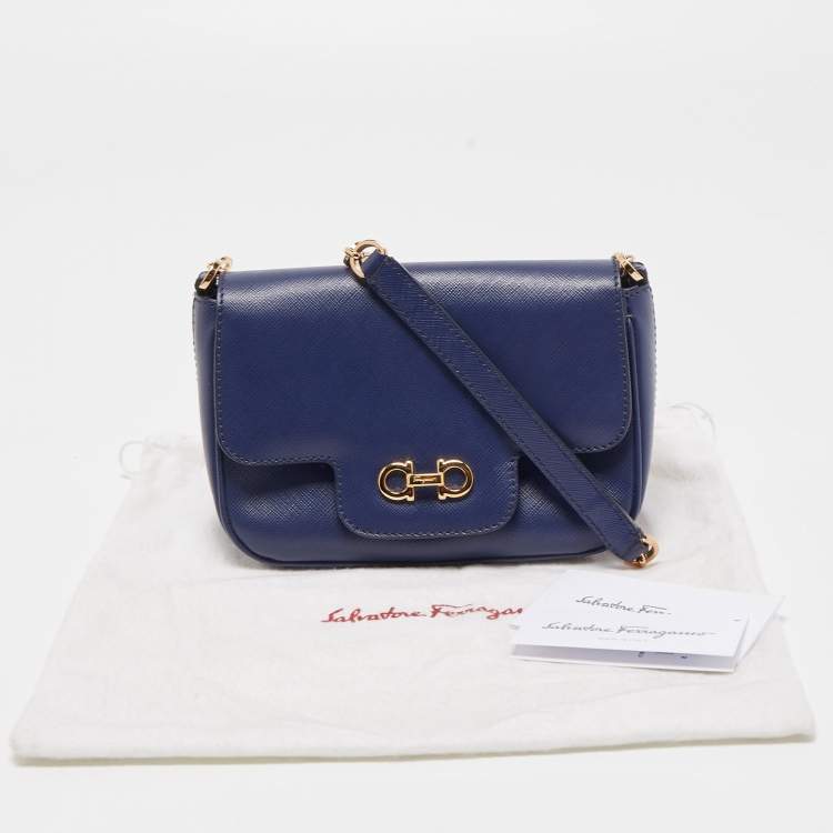 Pre Owned Salvatore Ferragamo Navy Blue Leather Gancini Flap Crossbody Bag 