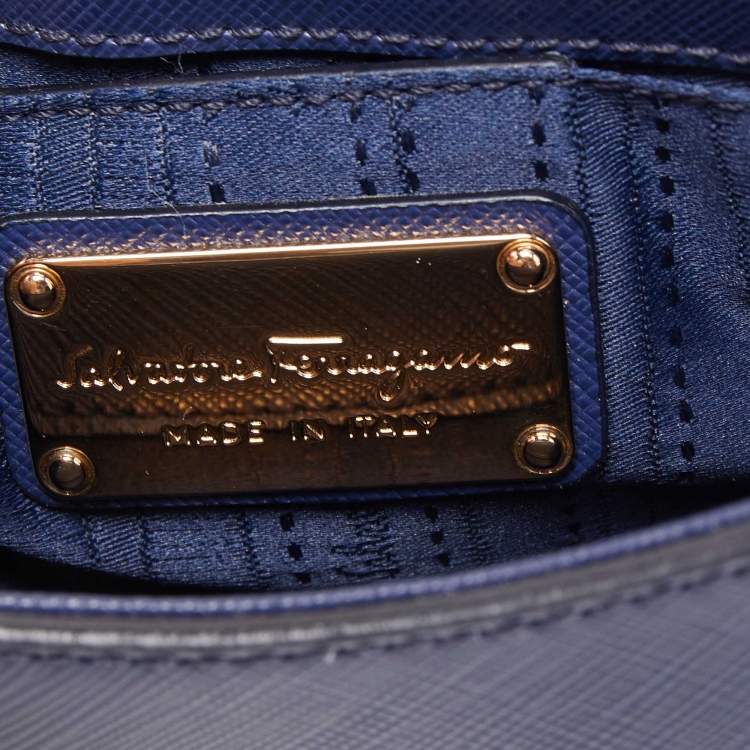 Pre Owned Salvatore Ferragamo Navy Blue Leather Gancini Flap Crossbody Bag 