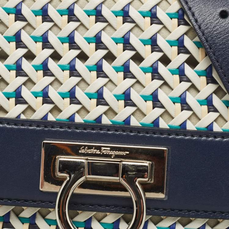 Pre Owned Salvatore Ferragamo Navy Blue Woven Leather Medium Sofia Top Handle Bag