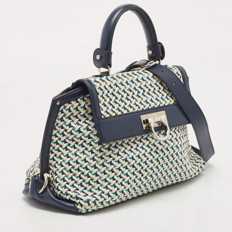 Pre Owned Salvatore Ferragamo Navy Blue Woven Leather Medium Sofia Top Handle Bag