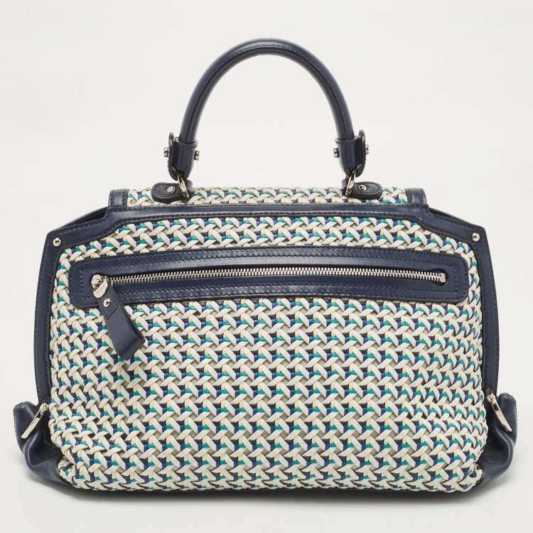 Pre Owned Salvatore Ferragamo Navy Blue Woven Leather Medium Sofia Top Handle Bag