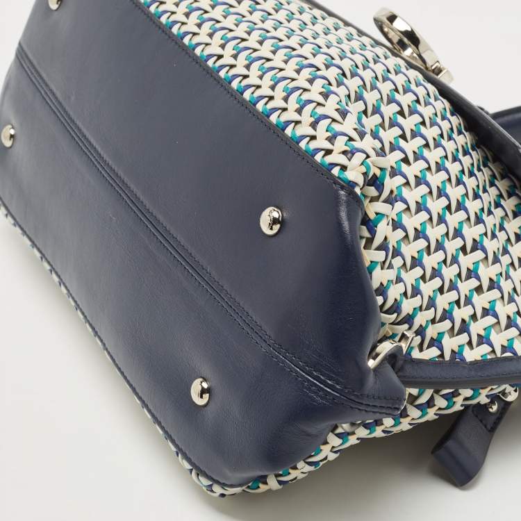 Pre Owned Salvatore Ferragamo Navy Blue Woven Leather Medium Sofia Top Handle Bag