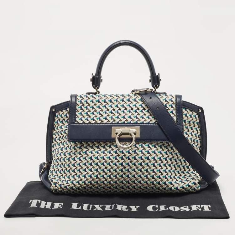 Pre Owned Salvatore Ferragamo Navy Blue Woven Leather Medium Sofia Top Handle Bag