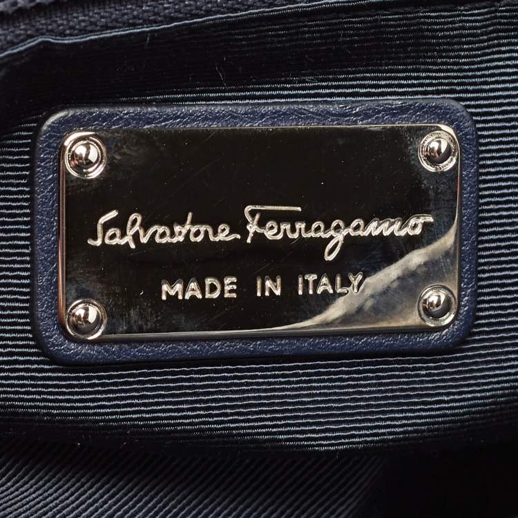 Pre Owned Salvatore Ferragamo Navy Blue Woven Leather Medium Sofia Top Handle Bag