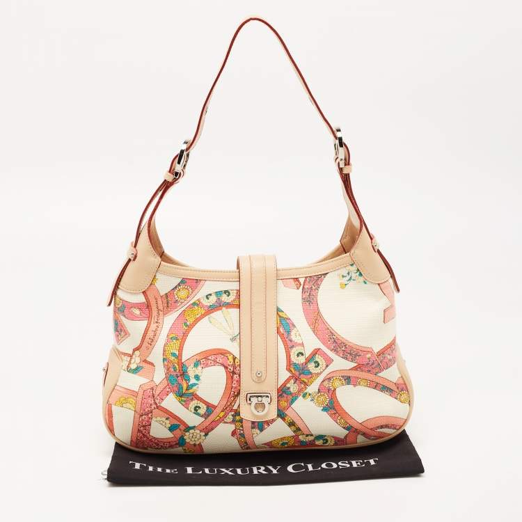 Pre Owned Salvatore Ferragamo Multicolor Printed Fabric and Leather Gancio Flap Hobo