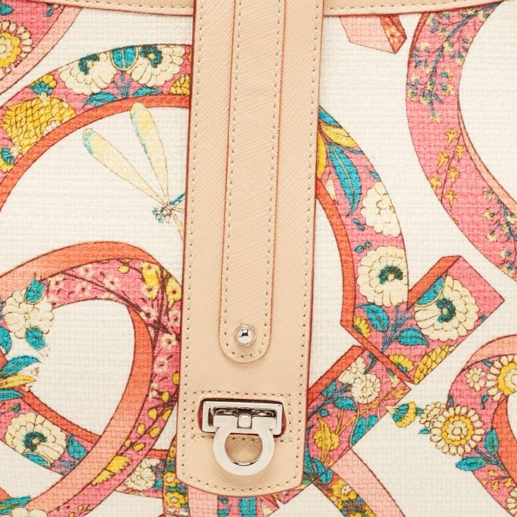 Pre Owned Salvatore Ferragamo Multicolor Printed Fabric and Leather Gancio Flap Hobo