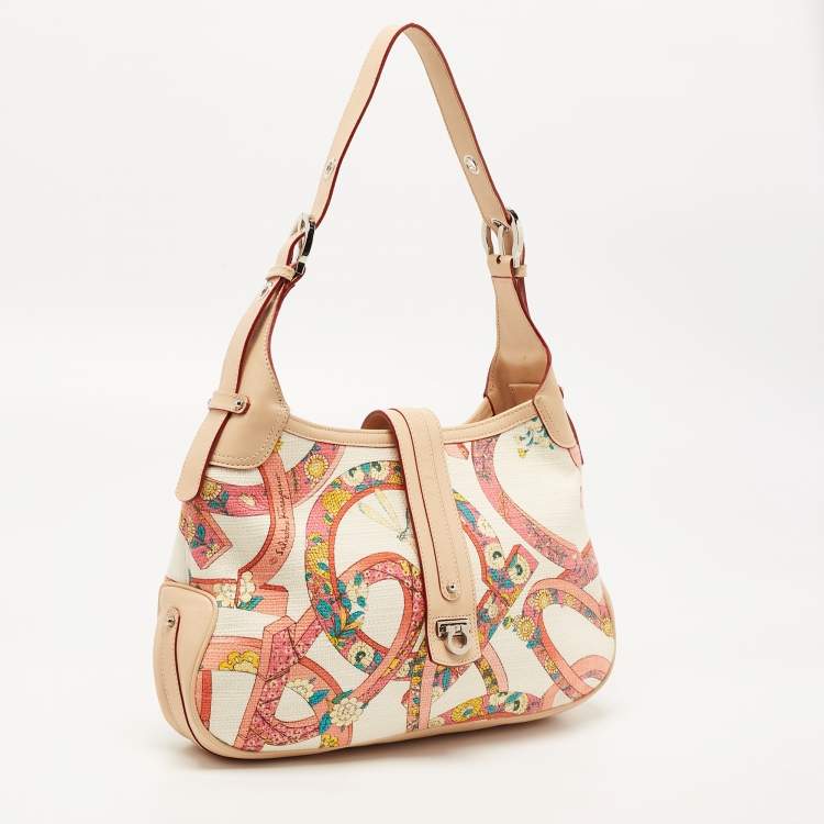 Pre Owned Salvatore Ferragamo Multicolor Printed Fabric and Leather Gancio Flap Hobo