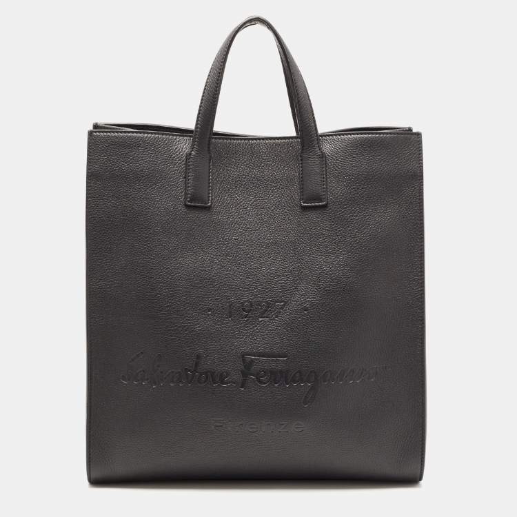 Pre Owned Salvatore Ferragamo Black Leather Logo Embossed Tote