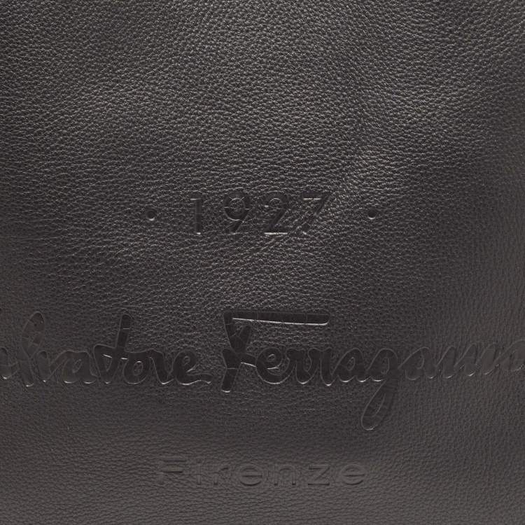 Pre Owned Salvatore Ferragamo Black Leather Logo Embossed Tote