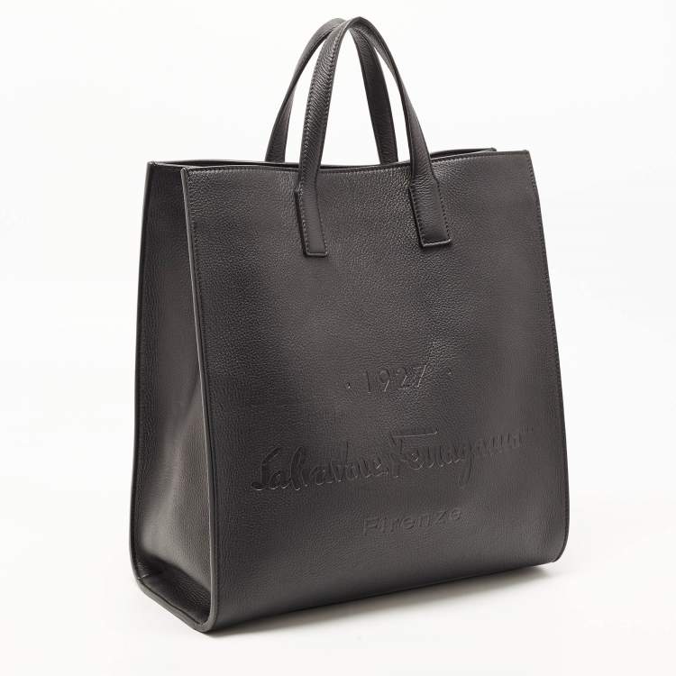 Pre Owned Salvatore Ferragamo Black Leather Logo Embossed Tote