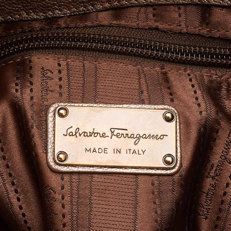 Pre Owned Salvatore Ferragamo Bronze Leather Pleated Bow Hobo