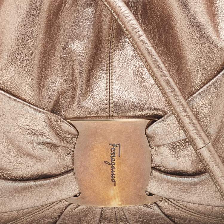 Pre Owned Salvatore Ferragamo Bronze Leather Pleated Bow Hobo