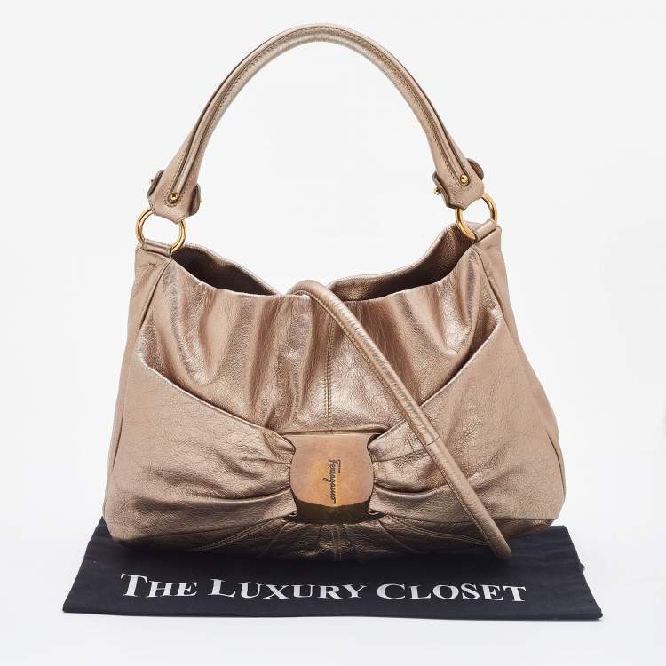 Pre Owned Salvatore Ferragamo Bronze Leather Pleated Bow Hobo