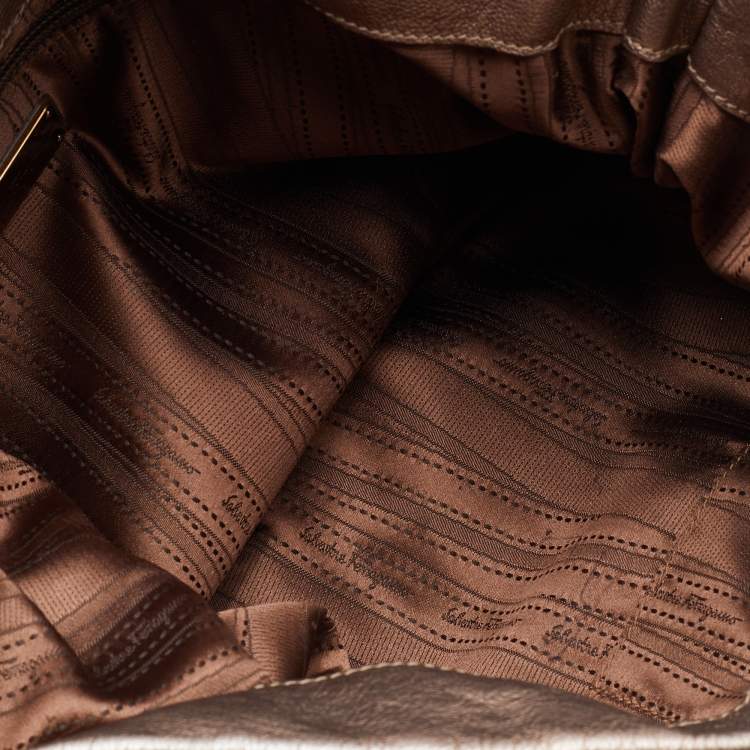 Pre Owned Salvatore Ferragamo Bronze Leather Pleated Bow Hobo