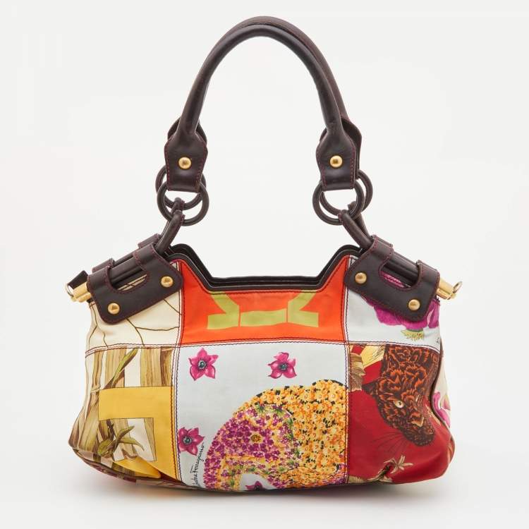 Pre Owned Salvatore Ferragamo Multicolor Fiera Print Fabric and Leather Satchel