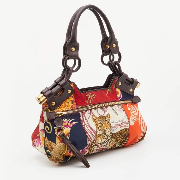 Pre Owned Salvatore Ferragamo Multicolor Fiera Print Fabric and Leather Satchel