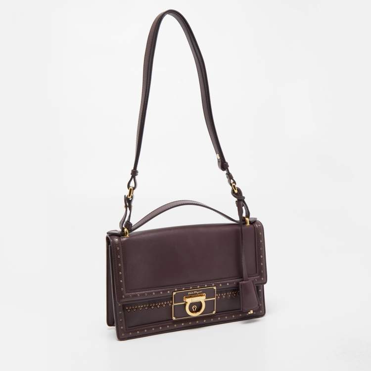 Pre Owned Salvatore Ferragamo Burgundy Leather Grommets Aileen Top Handle Bag