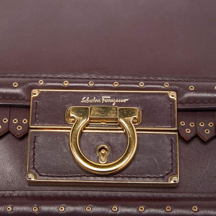 Pre Owned Salvatore Ferragamo Burgundy Leather Grommets Aileen Top Handle Bag