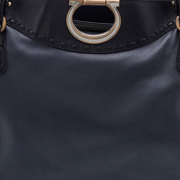 Pre Owned Salvatore Ferragamo Black Leather Whipstitch Gancini Tote