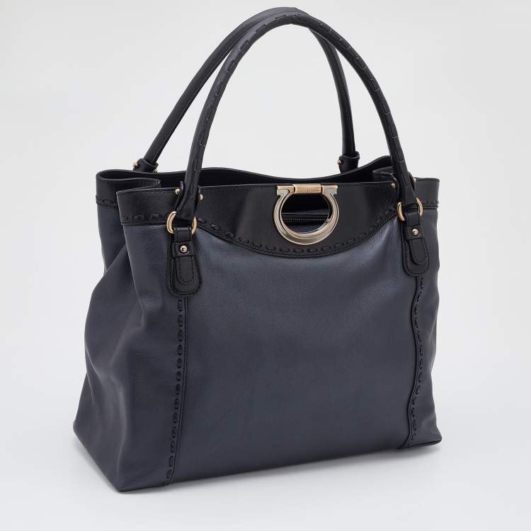Pre Owned Salvatore Ferragamo Black Leather Whipstitch Gancini Tote