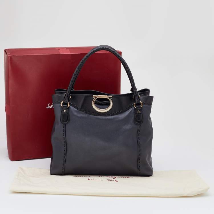 Pre Owned Salvatore Ferragamo Black Leather Whipstitch Gancini Tote