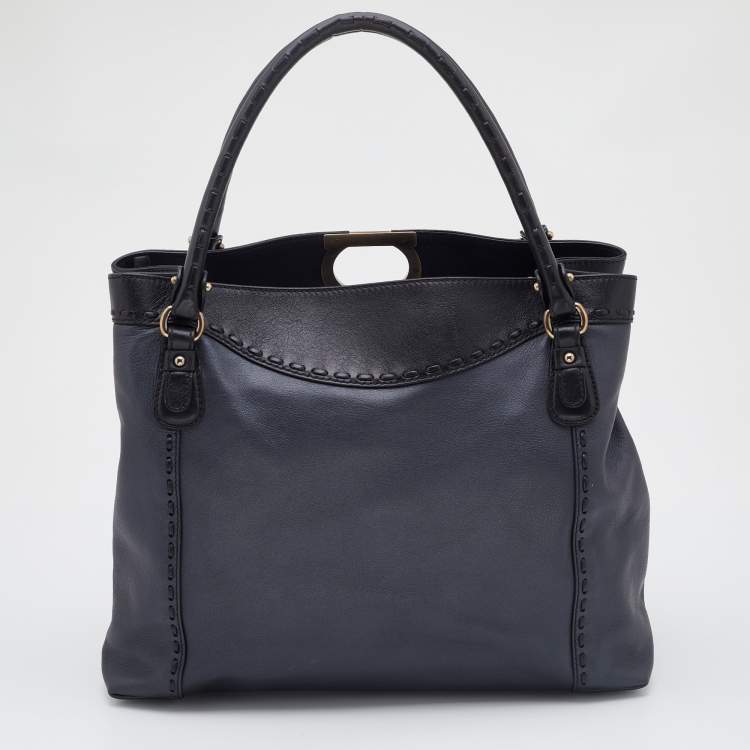 Pre Owned Salvatore Ferragamo Black Leather Whipstitch Gancini Tote