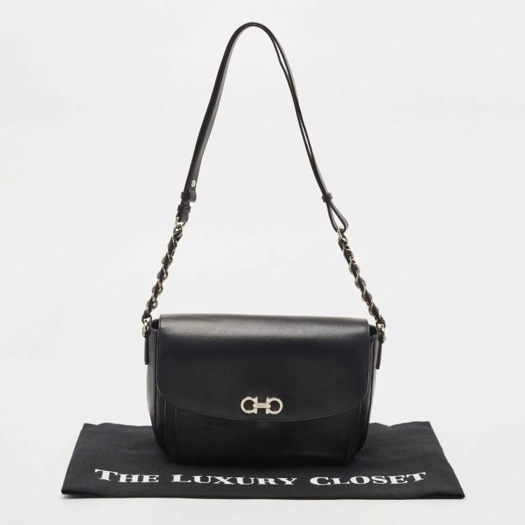 Pre Owned Salvatore Ferragamo Black Leather Gancini Flap Shoulder Bag