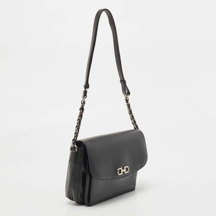 Pre Owned Salvatore Ferragamo Black Leather Gancini Flap Shoulder Bag