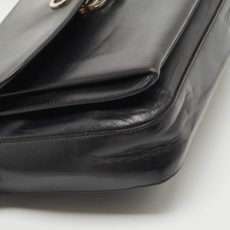 Pre Owned Salvatore Ferragamo Black Leather Gancini Flap Shoulder Bag
