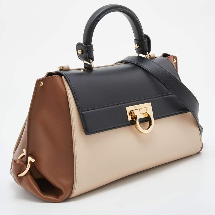 Pre Owned Salvatore Ferragamo Tri Color Leather Medium Sofia Top Handle Bag