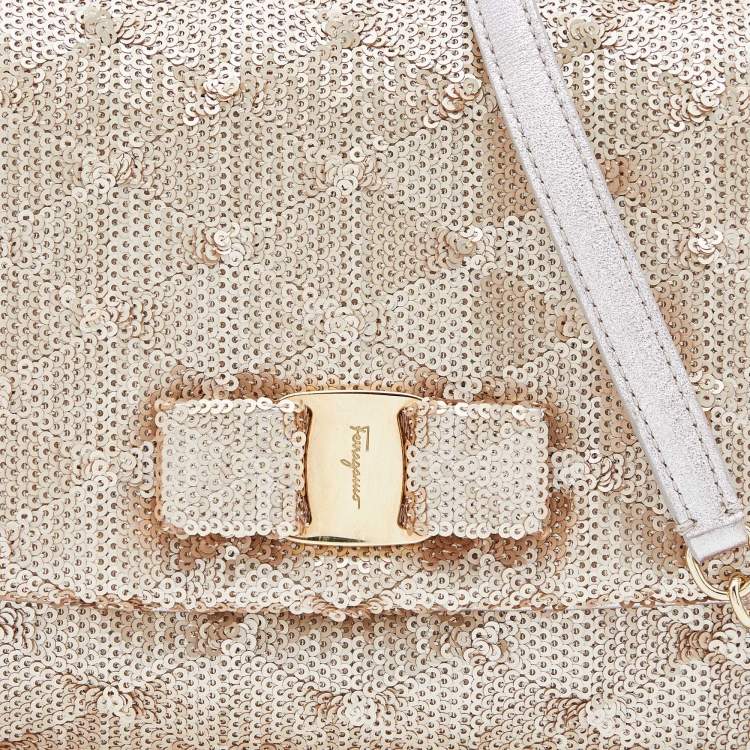 Pre Owned Salvatore Ferragamo Gold Sequin and Leather Vara Bow Shoulder Bag