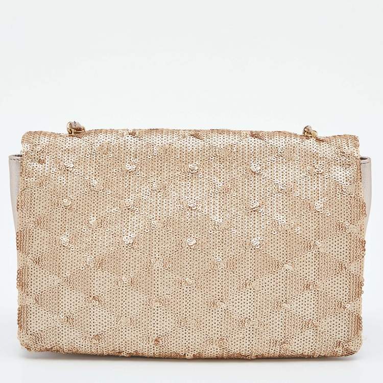 Pre Owned Salvatore Ferragamo Gold Sequin and Leather Vara Bow Shoulder Bag