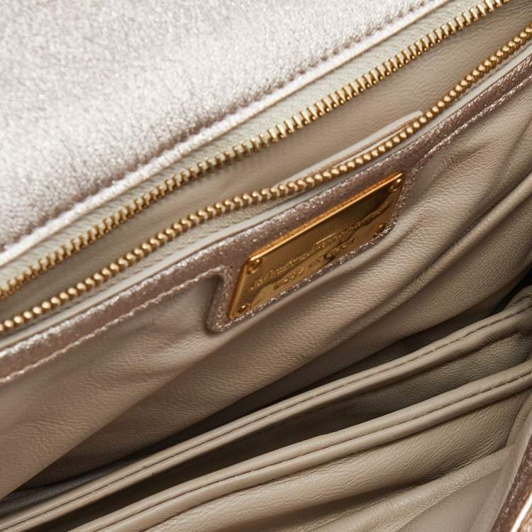 Pre Owned Salvatore Ferragamo Gold Sequin and Leather Vara Bow Shoulder Bag