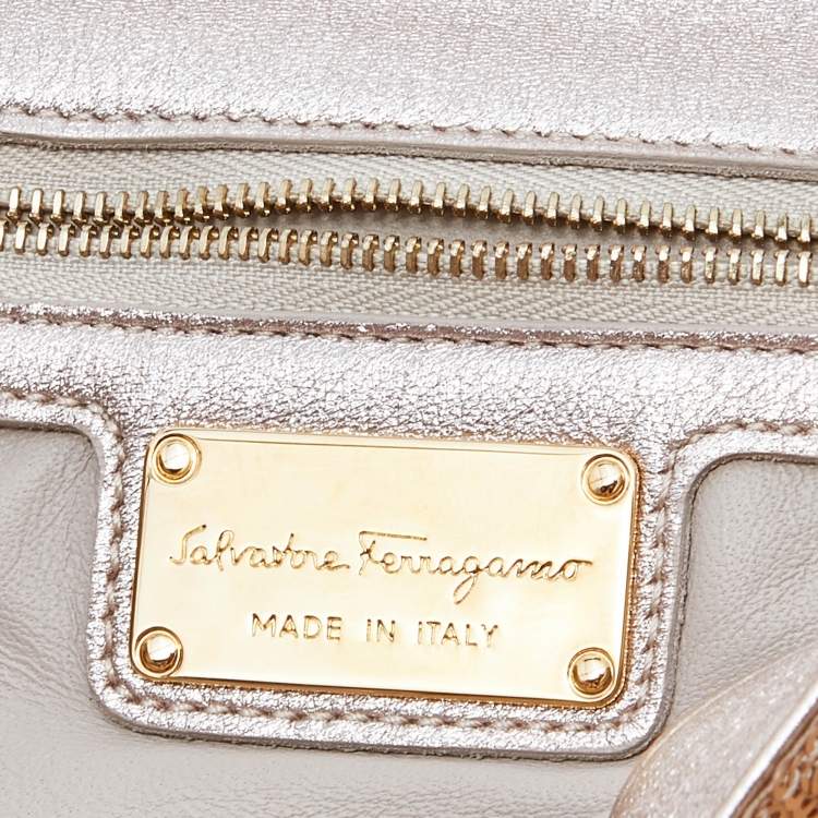 Pre Owned Salvatore Ferragamo Gold Sequin and Leather Vara Bow Shoulder Bag