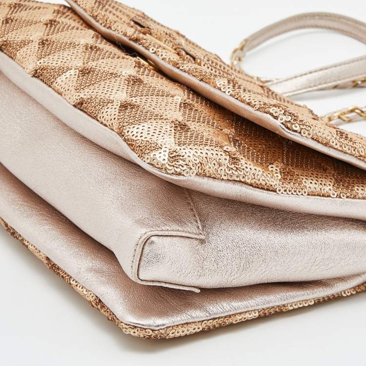Pre Owned Salvatore Ferragamo Gold Sequin and Leather Vara Bow Shoulder Bag