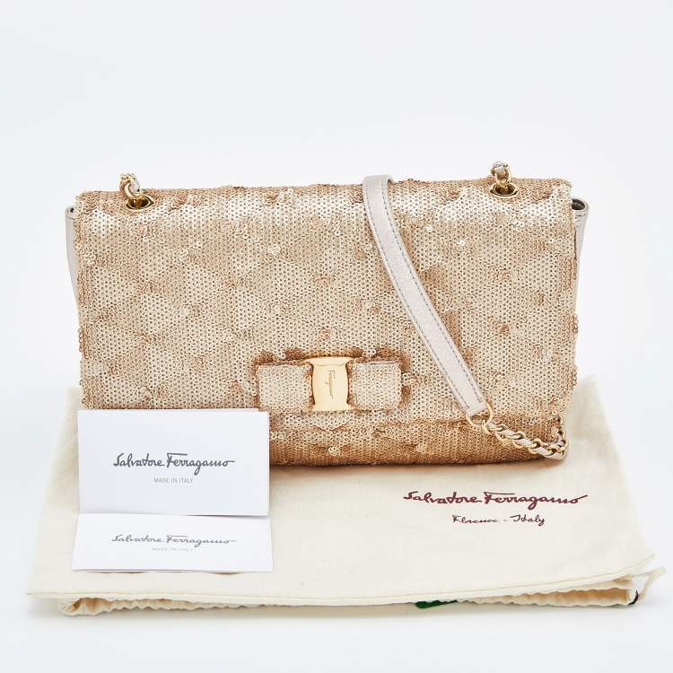 Pre Owned Salvatore Ferragamo Gold Sequin and Leather Vara Bow Shoulder Bag