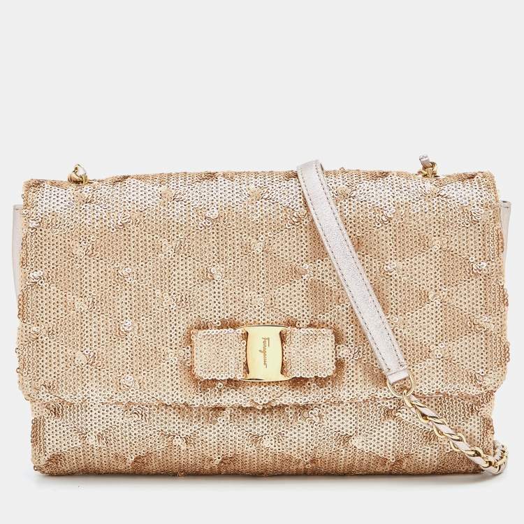 Pre Owned Salvatore Ferragamo Gold Sequin and Leather Vara Bow Shoulder Bag