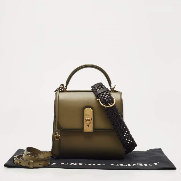 Pre Owned Salvatore Ferragamo Olive Green Leather Medium Boxyz Top Handle Bag